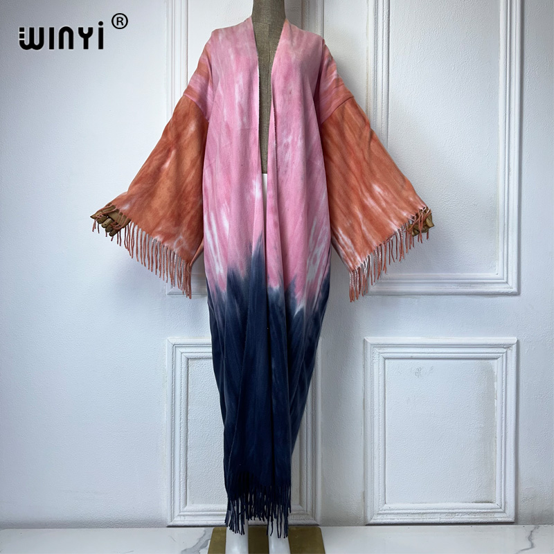 Street Fashion Dubai - WINYI Tie-farbowany zimowy kardigan z frędzlami
