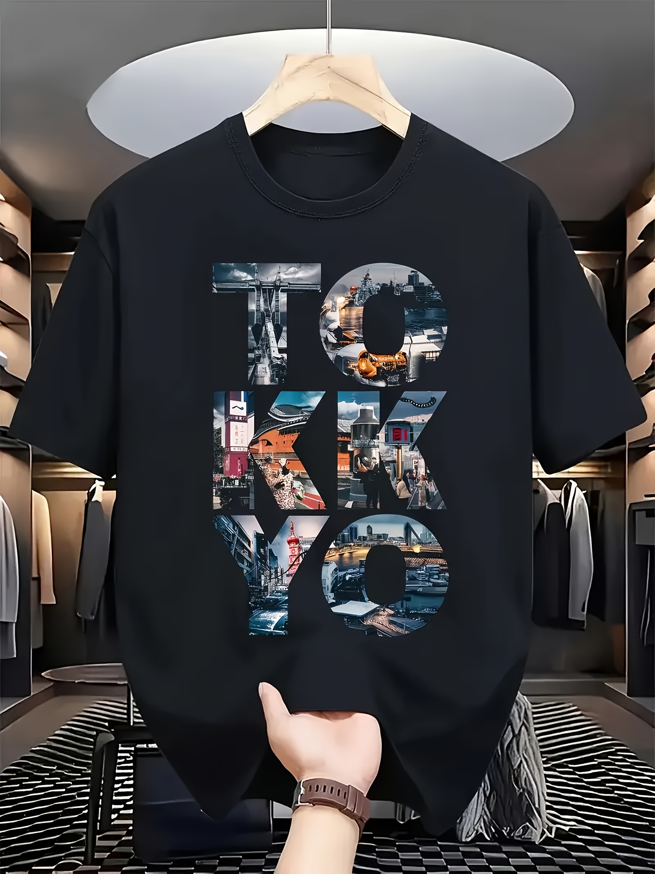 Street Fashion Tokyo - Modna męska czarna koszulka z grafiką,